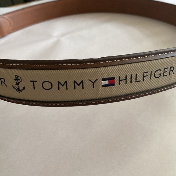 TOMMY HILFIGER Men's Brown Leather Belt Ribbon Logo Contrast Stitching Casual L - Picture 7 of 7